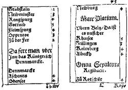 Auszug aus Jörg Gail, "Ein neuwes nüttzliches Raissbüchlein" (Augsburg 1563), dem ersten deutschen gedruckten Reiseführer, der das gesamte europäische Fernstraßennetz erfaßte. Das Buch besitzt eine Größe von 7,5 x 10,0 cm, so daß es leicht bei der Reise mitgeführt werden konnte. Es ist weitgehend ein reines Itinerar, das die Stationen der Straßen mit einigen knappen Zusatzinformationen (linke Spalte) und die Entfernungen in Meilen (rechte Spalte) enthält. Eine Meile entspricht ungefähr 7,5 km. Hier ist die Route von Hamburg über den Ochsenweg nach Årøsund ("Zu der Fer"), dem Fährort nach Dänemark nordwestlich von Hadersleben, verzeichnet.