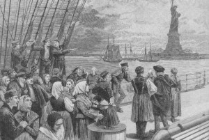 Auswanderer in "typischer Kleidung" beim Erreichen New Yorks. Eine Illustration aus dem "Hausschatz" von 1887