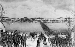 Übergang der Preußen über die Schlei bei Arnis am 6.2.1864. Lithographie von G. Lorenzen