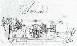 Die Originalpläne für den "Brandtaucher" existieren nicht mehr. Erhalten sind Skizzen von Bauer, die er am 23./24. Januar 1851 seinen Eltern schickte (Ausschnitt der Innenansicht)