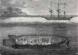 Stahlstich aus der "Gartenlaube": Tauchfahrt des "Seeteufels" mit Militärkapelle an Bord 1855 in Russland. Bemerkenswert ist der zusätzliche, quereingebaute Propeller hinten, der heute als Querstrahlruder wieder in Gebrauch ist