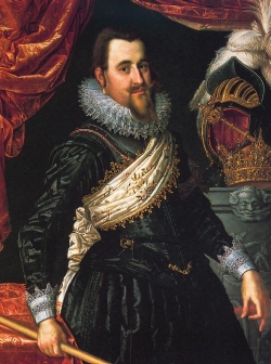 Christian IV. in Siegerpose. Das Bild von Pieter Isaacsz von 1625 soll an den Sieg Christians von Kalmar über die Schweden 1611 erinnern