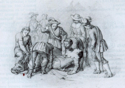 Kriegsepisode: Die Bleistiftzeichnung von Christian Rosenberg stellt einen Sturz Christians 1625 vor dem belagerten Hameln dar