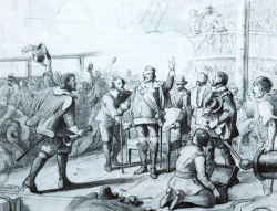Christian IV. als Seeheld auf der "Trefoldigheden" (Dreifalitigkeit). Die Skizze von Wilhelm Marstrand entstand 1845 als Vorlage für die Ausmalung der Grabkapelle in Roskilde. Sie ist Teil der vor allem im 19.Jahrhundert beginnenden Glorifizierung Christians