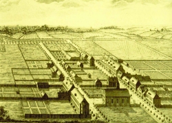 Der Stich aus dem Jahre 1780 zeigt den Beginn der Siedlung in Christiansfeld. Fertig sind bereits alle Gemeinschaftsbauten wie Kirche, die Häuser für ledige Schwestern und Brüder, Kaufmannsladen und der "Gottesacker"