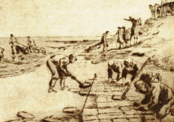 Die Zeichnung von Alexander Eckener über das Besticken des Außendeichfußes für Theodor Storms Novelle "Der Schimmelreiter"