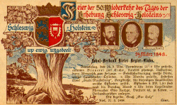 Postkarte mit Doppeleiche von 1898 zur Feier der 50. Wiederkehr des Tages der Erhebung Schleswig-Holsteins"