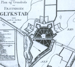 Neuzeichnung des Planes der Festungsstadt Glückstadt von 1628. Deutlich wird die ursprüngliche Idee, eine sechseckige Anlage mit inneren Radialstraßen zu bauen, die die Naturgegebenheiten abgeändert wurde. Die Festung hat drei Tore im Norden, Osten und Süden.