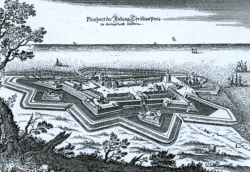 Ansicht der Festung Christianspries um 1640 von Mattheus Merian. Die fünfeckige Anlage mit zwei vorgelagerten Ravelins ist im Inneren noch spärlich bebaut und nur über zwei Brücken zu erreichen.