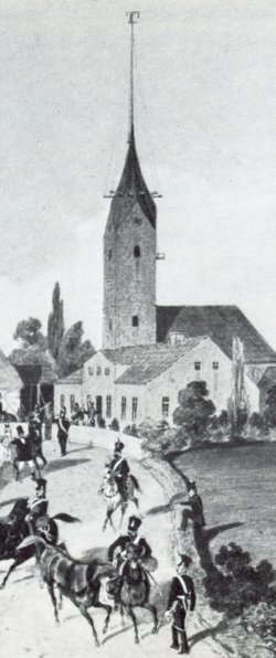Innerhalb von zwei Wochen vor Ende des Malmöer Waffenstillstands wurde März 1849 ein System von optischen Telegraphen aufgebaut. Der Ausschnitt aus der Zeichnung des Coburger Malers Georg Berg zeigt den Moment, als am 4.4.1849 auf dem Kirchturm von Gettorf das Sichten eines in die Eckernförder Bucht einlaufenden Verbandes signalisiert wurde. Das System sollte ursprünglich Angriffe von Küste zu Küste melden. Noch im Laufe des Jahres 1949 wurden die Pläne allerdings aufgegeben