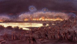 Die Lithographie von P.J. du Ferrang: Flucht der Bürger aus dem brennenden Friedrichstadt am Abend des 4. Oktober 1850