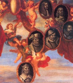 Stammbaum der Gottorfer Herzöge. Ausschnitt aus einem Gemälde von Jürgen Ovens um 1655. Dargestellt sind (von unten) König Christian I. und die Herzöge Friedrich I., Adolf, Johann Adolf, Friedrich III. und Christian Albrecht