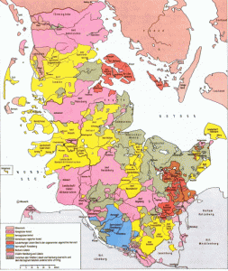 Die Herzogtümer Schleswig und Holstein 1622. Rosa: königlicher Anteil; gelb: herzoglicher Anteil; grün: die gemeinschaftliche regierten Güterdistrikte und Adeligen Klöster. Ein Mausklick auf den Plan öffnet eine größere Darstellung