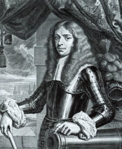 Herzog Christian Albrecht. Kupferstich von Richard Collin, 1664. Durch die Wandöffnung fällt der Blick auf das herzogliche Schloß Tönning