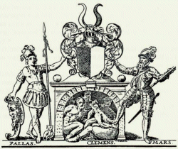 Johann Rantzau (1492 - 1565) in Siegerpose als Kriegsgott Mars. Seinen Fuß setzt er auf "Skipper Clement" den Anführer der nordjütischen Rebellen