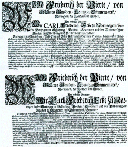 Dokument der Empfindlichkeiten: 1703 stimmte Herzog Carl Friedrich erst der Veröffentlichung eines gemeinsamen Patents mit dem dänischen König erst zu, als auch sein Name im gleichen Schriftgrad gedruckt wurde wie der des Königs – Der Frakturstreit