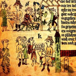 Ausschnitt aus dem Sachsenspiegel: die Illustration soll die Pflichten und Rechte der Kolonisten gegenüber ihrem Grundherren verdeutlichen. Der verleiht das Recht zur Rodung, zum Hausbau und spricht Recht über „seine“ Bauern