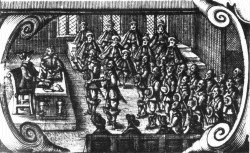 Das Hardesgericht tagt: Am Tisch mit Hut der Hardesvogt und sein Schreiber, davor die Parteien, mit Hüten im Hintergrund die bäuerlichen Beisitzer, mit dem Hut in der Hand die Mitglieder der Gerichtsgemeinde. Ausschnitt aus dem Titelblatt von Christen Ostersen Vejle, Glossarium Juridico Danicum von 1652