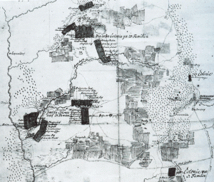 Ausschnitt aus einer Karte von Kolonie-Inspektor Stiwitz von 1762: Die Kolonie Friedrichsau östlich von Jübeck. Per Mausklick wird die Karte größer dargestellt.