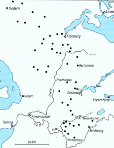 Die Karte zeigt die Kolonistensiedlungen auf der schleswigschen Geest. Per Mausklick wird die Karte größer dargestellt.