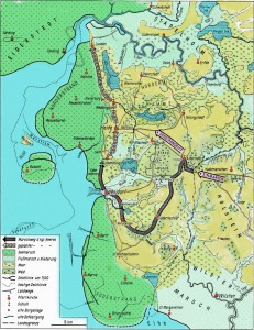Plan der Schlacht bei Hemmingstedt. Wenn Sie diesen Plan in ganzer Größe sehen wollen, genügt ein Mausklick auf den Plan. Es öffnet sich dann ein neues Fenster mit dem detaillierten Plan der Schlacht von Hemmingstedt.