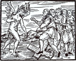 Der Teufelsbund wird geschlossen, das christliche Kreuz mit Füßen getreten. Darstellung vom Anfang des 17.Jahrhunderts.
