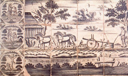 Fliesen-Tableau aus Bordelum: neben ornamentalen und religiösen Motiven hielten die Delfter Manufakturen auch Szenen des bäuerlichen Alltags fest