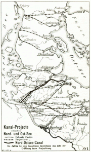 Diese Grafik von 1893 gibt einen Überblick über die Kanalprojekte, die vor allem Nord- und Ostsee verbinden sollten. Durch einen Klick auf die Grafik wird sie vergrößert.