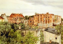 Die Ruine des Kieler Schlosses 1957 gesehen von der Kattenstraße (heutiger Standort des Konzertsaales) auf einem Gemälde von Franziska Hamann