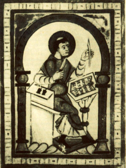 Das Schreiben gehörte zu den typischen Tätigkeiten der Mönche. Abbildung eines Benediktiners aus einer verlorenen Notkerhandschrift