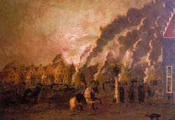 Kosaken ziehen durch das brennende Friedrichstadt: Ölbild von Georg David Thomsen
