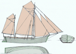 Zeichung eines Besanewers um 1880. Der Typs des Ewers war in zahlreichen Variationen im Küstenverkehr dominierend