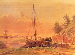 Aquarell von Wilhelm Heuer: Schiffswerft bei Flottbek an der Elbe um 1860. Zu dieser Zeit gab es entlang der Elbe und der Westküste noch knapp 20 kleine Holzschiffwerften, an der Ostseeküste acht