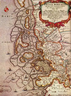 Die Utlande um 1651. Diese Karte von Mejer läßt deutlich die Landverluste durch die zweite Mandränke von 1634 erkennen