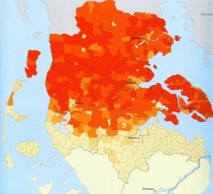 Die Karte zeigt den Anteil der Bevölkerung mit dänischer Muttersprache im nördlichen Schleswig-Holstein 1905. In den dunkel rötlich angelegten Flächen erreichte er 90 bis 100 Prozent. Durch Klicken auf die Karte öffnet sich eine vergrößerte Darstellung.