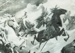 Pferde als Lieblinge der Götter: Auf der Lithographie aus dem 19.Jahrhundert fliegen Walküren auf stolzen Rossen über das Schlachtfeld, um die gefallenen Helden nach Walhalla zu bringen