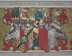 Deckengemälde im Spiegelsaal von Schloß Breitenburg: Die Wappen des ersten Reichsgrafen Christian und seiner Frau Dorothea