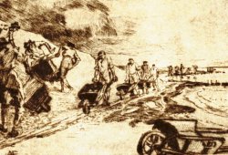 Die Illustration von Alexander Eckener (1870 bis 1944) gibt einen guten Eindruck vom Einsatz der Schubkarre beim Deichbau