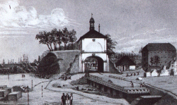 Die Lithographie von E. Schmidt zeigt den Abbruch des Kronwerker Tores in Rendsburg 1853