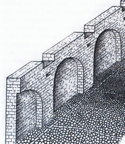 Rekonstruktion der älteren Stadtmauer Kiels. Durch Blendbögen an der Stadtseite wurde Material gespart