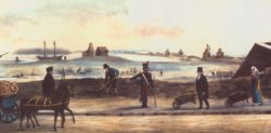 Mit Schubkarre und Zylinder: die kolorierte Lithographie von Peter Suhr zeigt die von den französischen Besetzern 1813 den Bürgern auferlegten Schanzarbeiten. Sie steht symbolisch für die vor allem in der Neuzeit von vielen Bürgern als Fron empfundene Pflicht, ihre Stadt zu befestigen