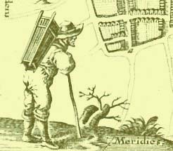 Ein Kiepenmann mit Ware auf dem Weg in die Stadt. Detail aus einer Karte des Husumer Kartographen Johann Meyer