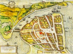Eckernförde – Mühle und Felder vor der Stadt, Holzpalisaden, Schiffslandeplätze, der große Markt; das kolorierte „Luftbild“ erzählt viel darüber, was die Stadt brauchte und wie sie versorgt wurde