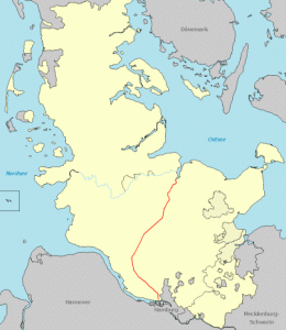 Entwicklung des Eisenbahnnetzes in Schleswig-Holstein von 1844 bis 1999 auf Grundlage des Historischen Atlas 1864 - 1945 der GSHG - Durch klicken auf die Fläche erscheint die Animation groß in einem neuen Fenster.