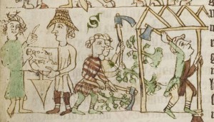 Herr übergibt Erbzinsrecht, der Wald wird gerodet und ein Haus gebaut – Darstellung aus dem Anfang des 14. Jahrhunderts