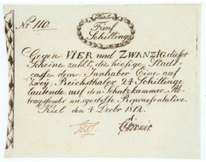 Kieler Notgeld aus dem Dezember 1812. Schon bevor der Staatsbankrott am 5. Januar 1813 amtlich war, lief ohne Ersatzgeld in den Herzogtümern nichts mehr
